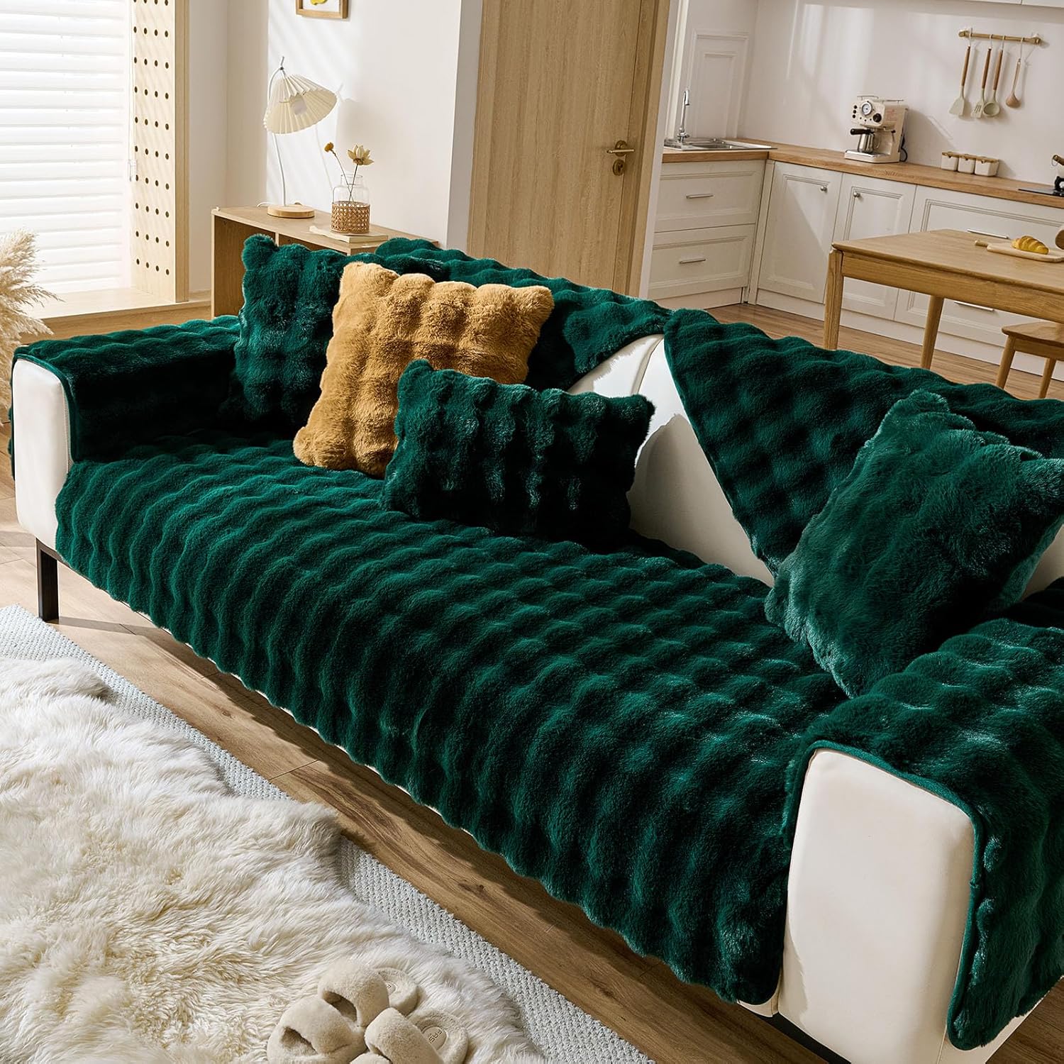 Christmas Faux Fur Couch Cover Fuzzy Soft Plush Thick Bubble Sofa Cover Luxury Sectional Couch Covers Luxury Anti-Slip Sofa Slipcover Washable Furniture Protector (Dark Green,28"x70")