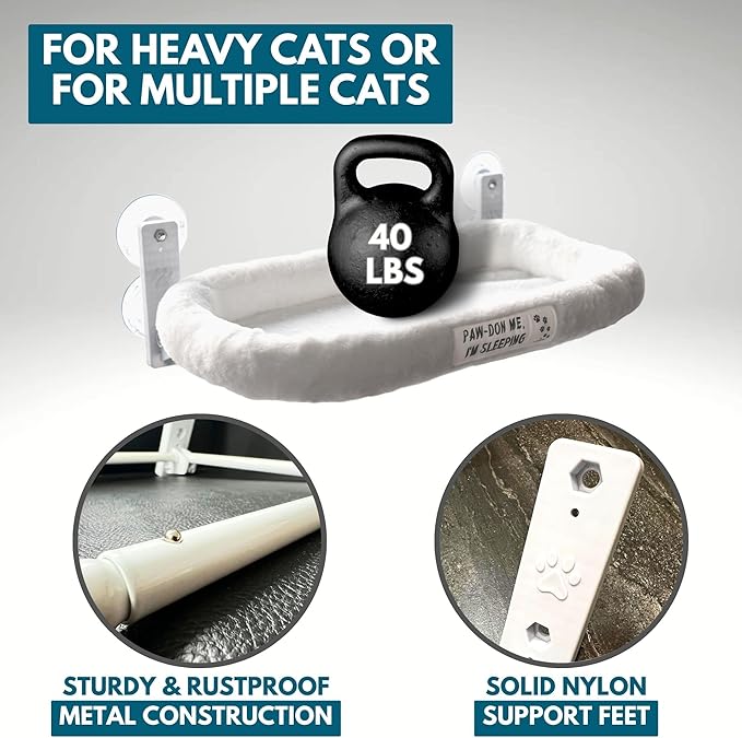 Cat Window Perch — Cat Window Bed with 4 Large Premium Suction Cups & Soft Solid Cushion; Strong Rustproof Metal Frame Window Hammock Holding Up to 40 lbs; Easy Assembly Perch for Indoor Cats