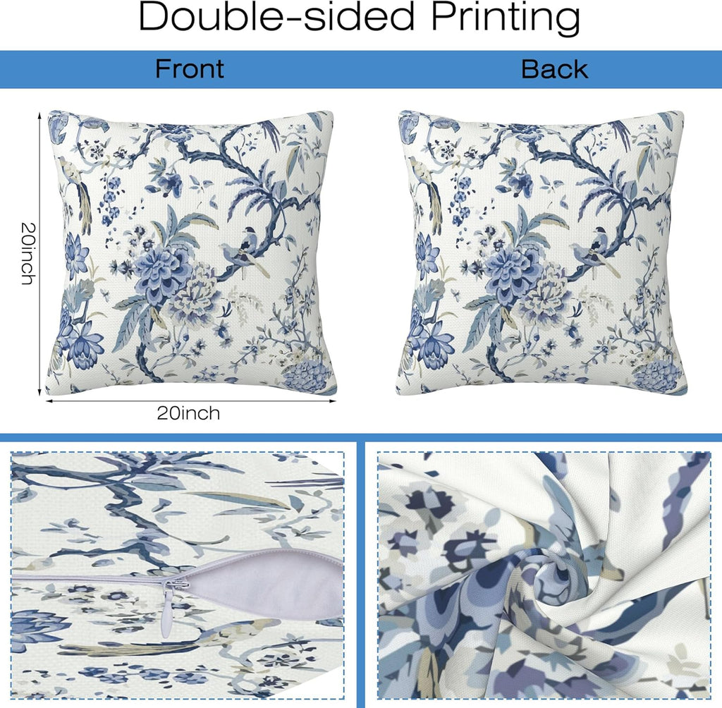 Chinoiserie Throw Pillow Cover Case Blue White Flowers Throw Pillows Set of 2 Super Soft Pillow Covers 20x20 Inches Farmhouse Home Decor for Living Room Bedroom Sofa Couch Cushion Cover