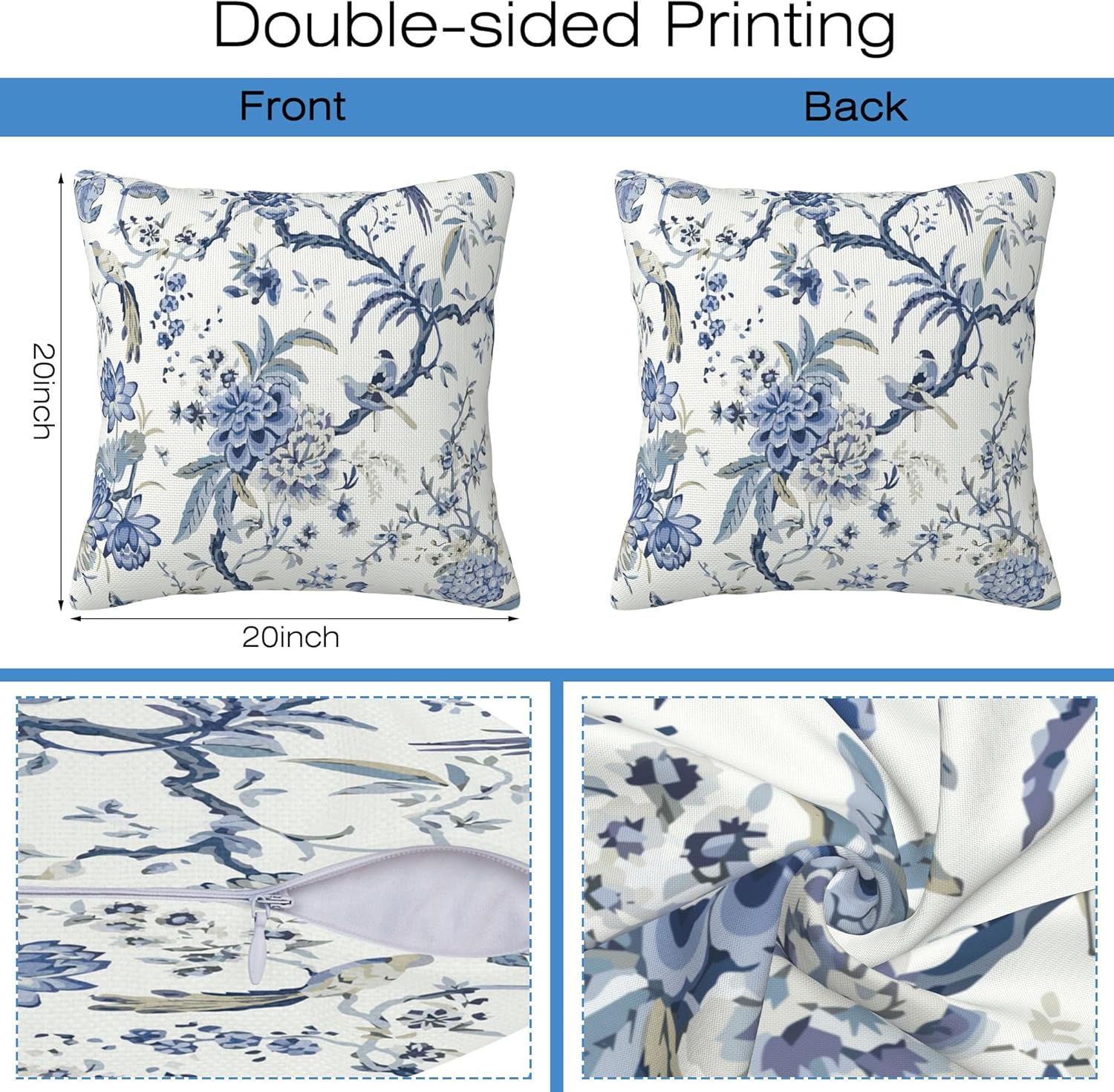 Chinoiserie Throw Pillow Cover Case Blue White Flowers Throw Pillows Set of 2 Super Soft Pillow Covers 20x20 Inches Farmhouse Home Decor for Living Room Bedroom Sofa Couch Cushion Cover