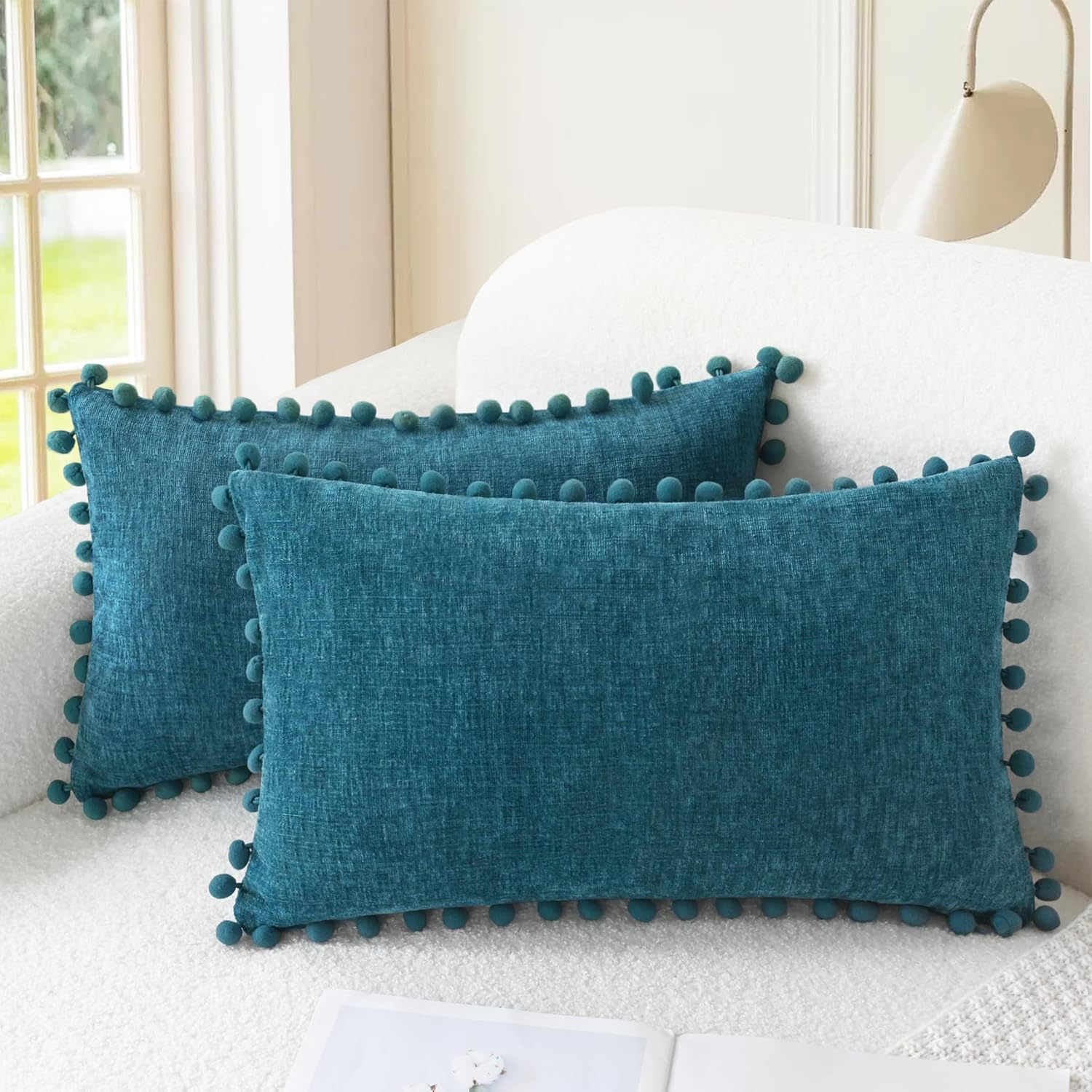 CaliTime Throw Pillow Covers Decorative 20 X 12 Inches Pack of 2 Cozy Solid Dyed Soft Chenille Cushion Cases with Pom Poms for Couch Sofa Bed Living Room Home Ocean Blue