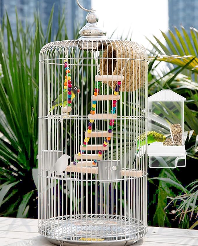 Hamiledyi Automatic Bird Feeder No Mess Bird Cage Feeder Seed Food Container with Perch Transparent Parrot Cage Accessories for Parakeets, Budgies, Cockatoos, Finches, Lovebirds, Canaries (White)