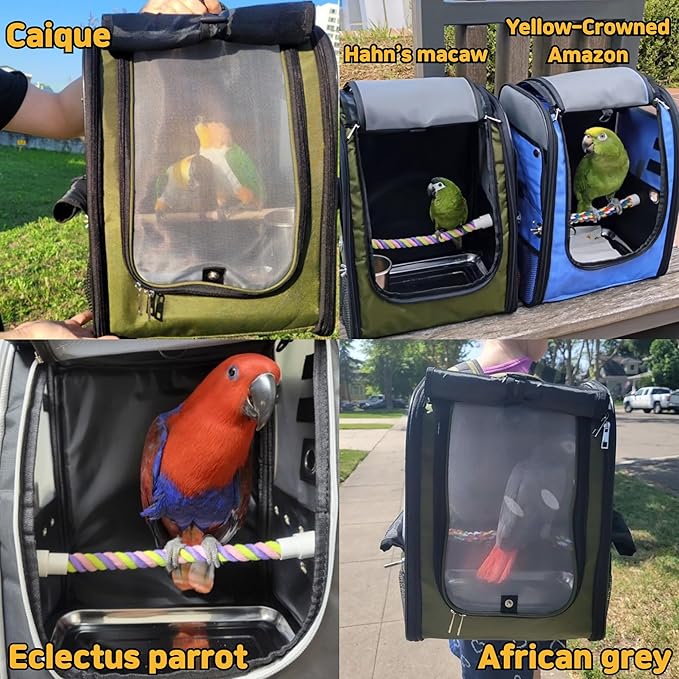 Birds Day Bird Carrier Backpack-Parrot Travel Cage with 2PCS Perch and Food Bowl, Stainless Steel Tray (Charcoal Gray)