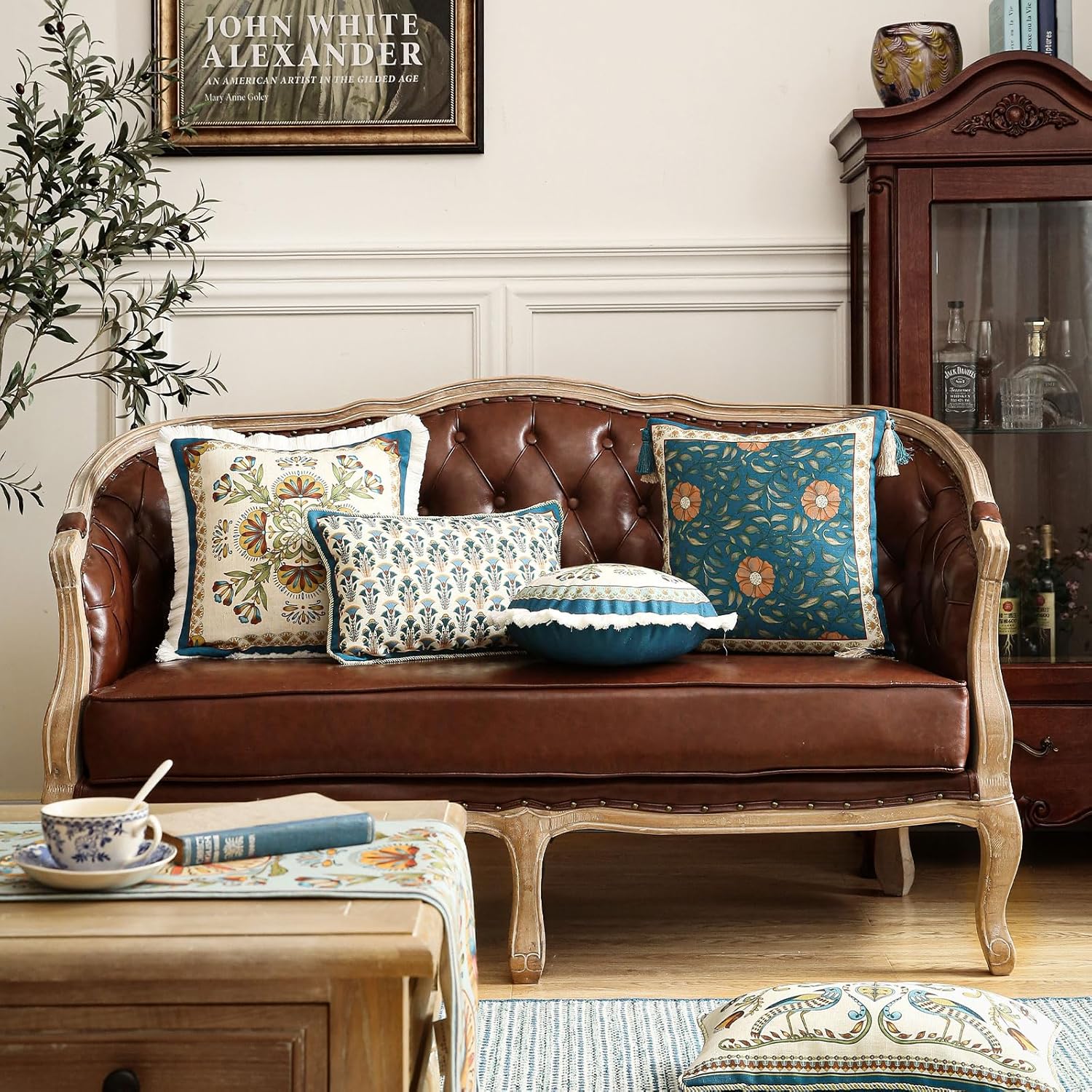 patdrea Designer Square Throw Pillow Covers,French Floral Blue Farmhouse Linen Vine Branch Pattern Pillow Cover,Decorative Pillowcases Cushion for Bed Living Room Outdoor Car,18"x18"