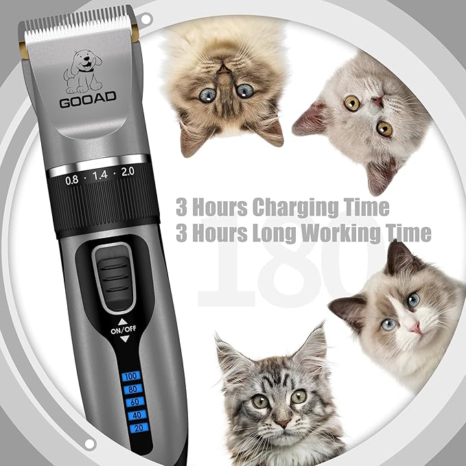 Goood Cat Clippers - Cordless, Low Noise, Quiet Grooming Kit for Matted & Long Hair, Paw Trimmer for Cats & Dogs (Gray)