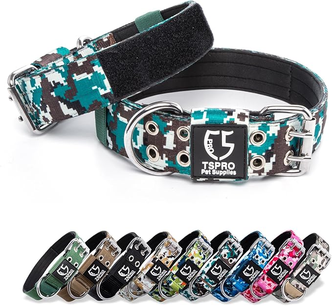 TSPRO Tactical Dog Collar with Metal Buckle & Patch, 1.5 Inch Wide, Adjustable, Durable Thick Collar for Medium to Large Dogs (Camo Cyan)