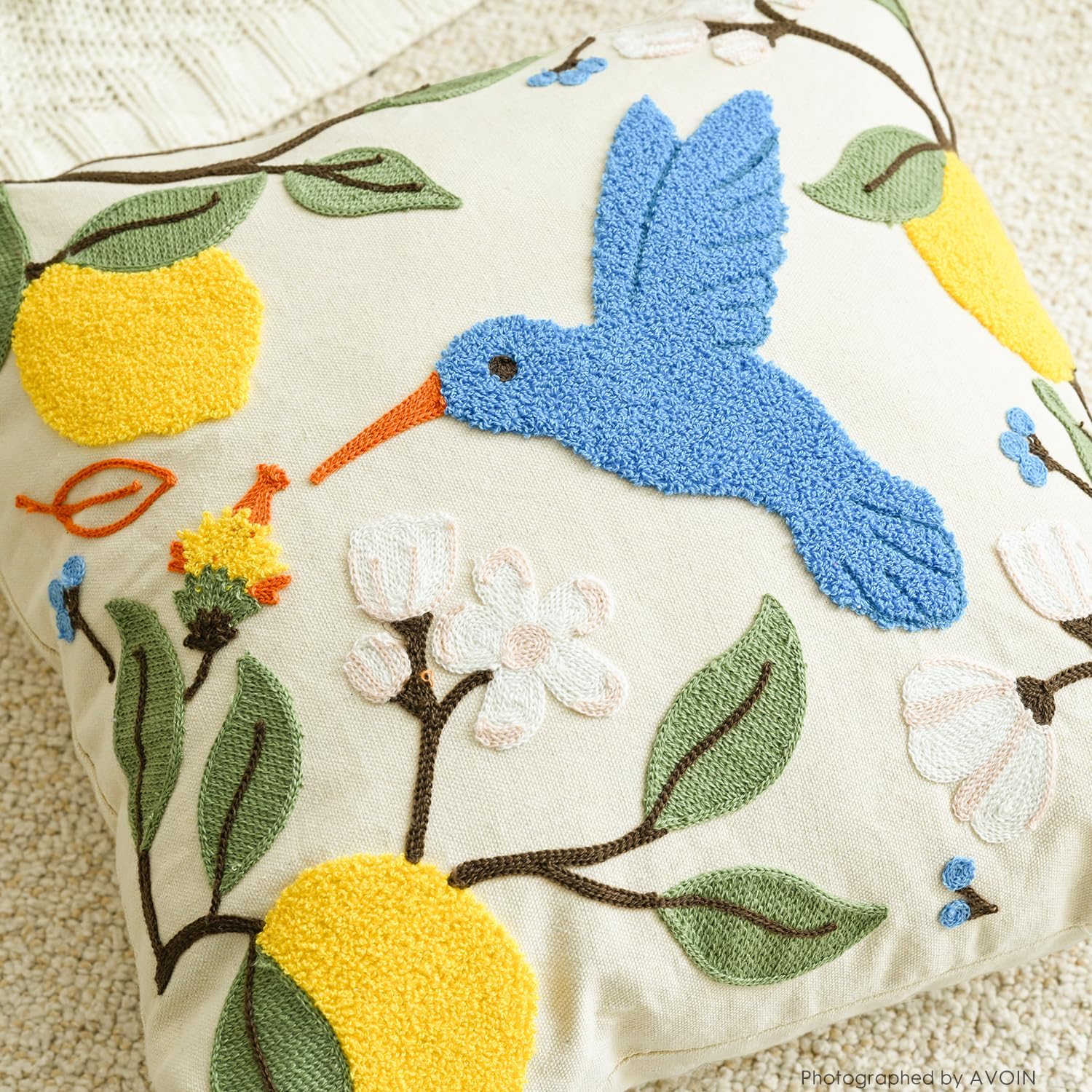 AVOIN colorlife Holiday Floral Embroidered Decorative Throw Pillow Cover, 18 x 18 Inch Bird Lemon Flowers Tufted Patterned Linen Cushion Case for Bedroom Living Room Sofa Couch