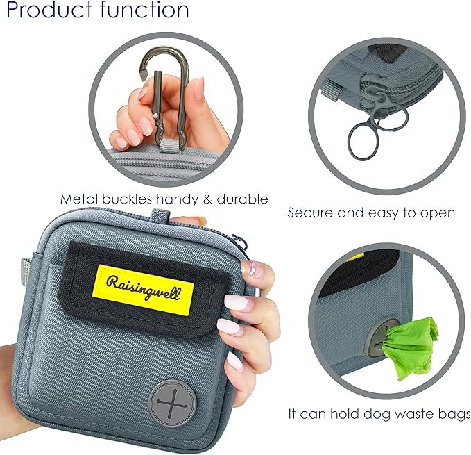 Dog Treat Pouch for Pet Walking and Training with Clicker Poop Bags and Three Bags Design Small Fanny Zipper Pack Holder for Puppy Snack Dispenser Kit for Leash and Outdoor Use (Gray)