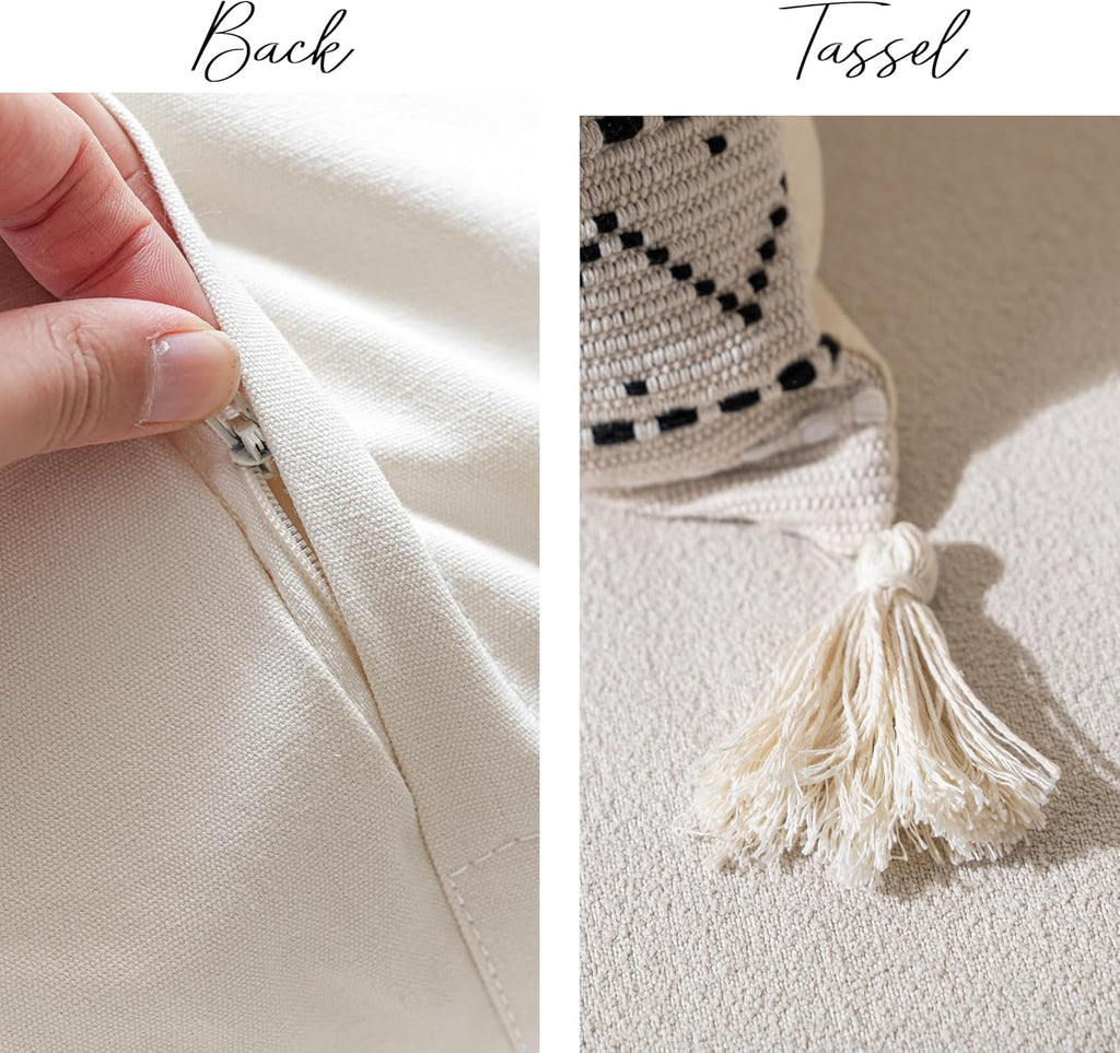 BlissBlush Decorative Throw Pillow Cover 20x20 Combo Set of 2 Square Boho Black Neutral Accent Pillowcase Tassels Farmhouse Cushion for Couch Sofa Bedroom Living Room Home Décor Cover ONLY