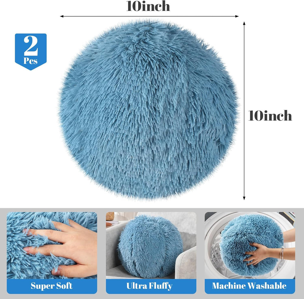 2 Pack Plush Round Ball Throw Pillow 10 Inch Nordic Soft Boucle Pillows Spherical Fuzzy Pillows Circle for Couch Sofa Bed Bedroom Living Room Office School Chair Decorations(Blue)