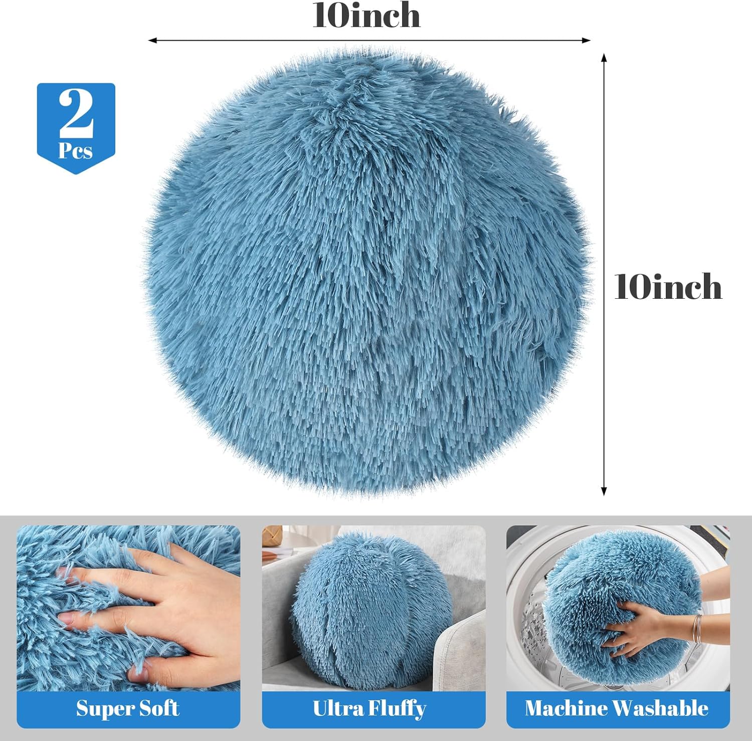 2 Pack Plush Round Ball Throw Pillow 10 Inch Nordic Soft Boucle Pillows Spherical Fuzzy Pillows Circle for Couch Sofa Bed Bedroom Living Room Office School Chair Decorations(Blue)