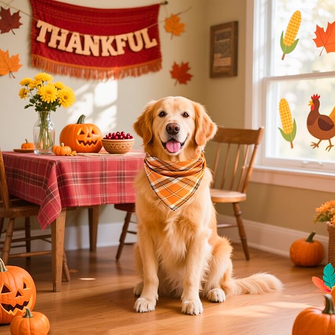 Fall Dog Bandana,2-Pack Thanksgiving Dog Bandanas, Plaid Fall Pet Scarves for Large Medium Small Dogs, Adjustable Vintage Holiday Neckwear,Reversible Bibs Breed for Boy and Girl(Large)