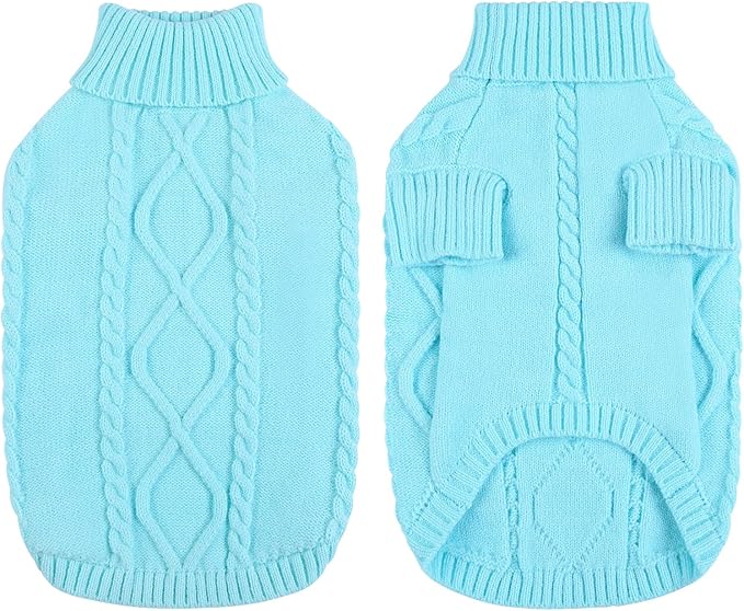 Queenmore Small Dog Pullover Sweater, Cold Weather Cable Knitwear, Classic Turtleneck Thick Warm Clothes for Chihuahua, Bulldog, Dachshund, Pug (Sky Blue, Medium)