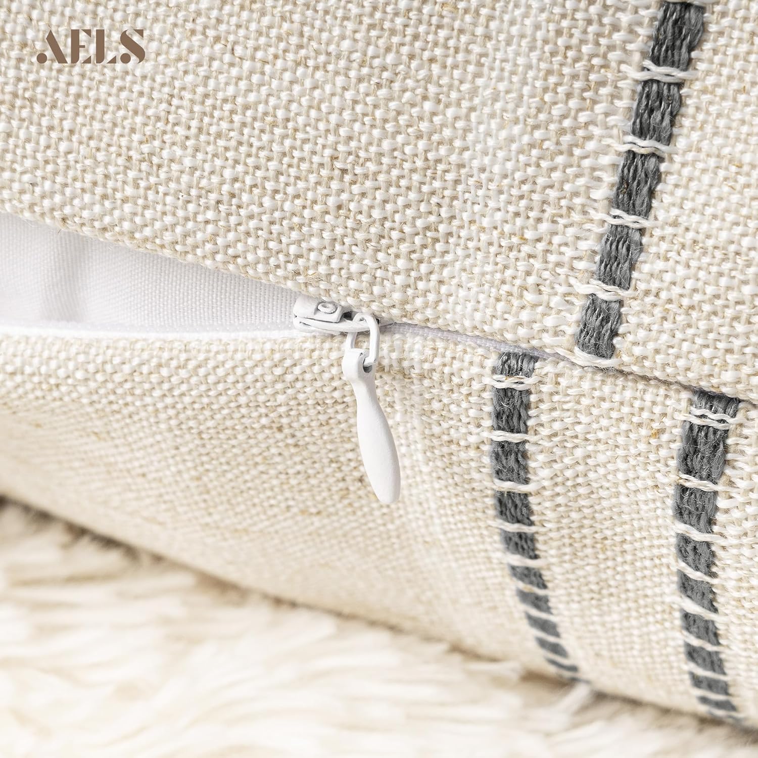 AELS 14x36 Decorative Lumbar Throw Pillow Covers, Farmhouse Linen Textured Long Pillow Case, Beige with White & Gray Stitch Boho Cushion Cover for Couch Living Room (Cover ONLY)