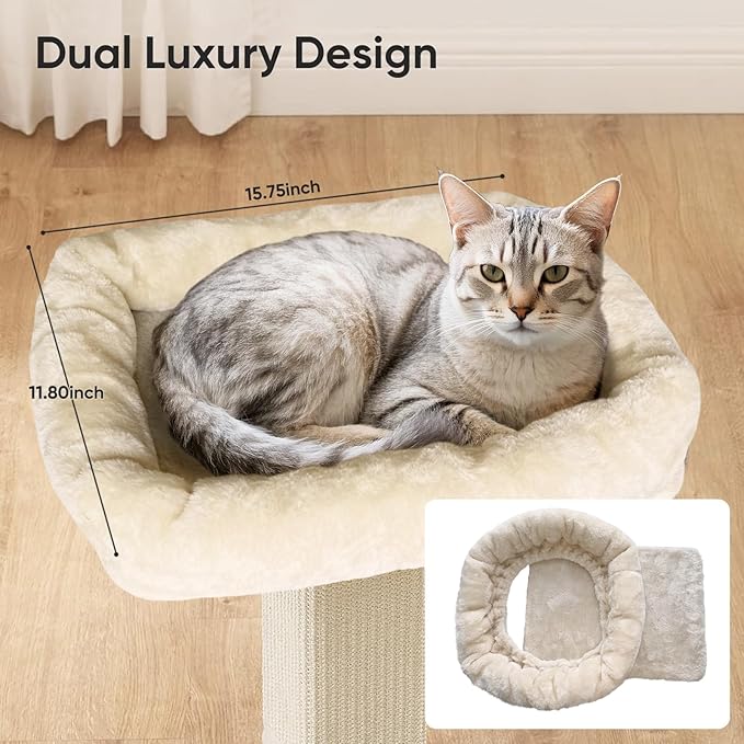 AGYM Cat Scratching Post, 32”Cat Scratcher with Large Plush Perch, Sisal & Carpet Scratching Post, Vertical Posts with Elevated Bed for Indoor Cats, Removable& Washable Cover, Beige