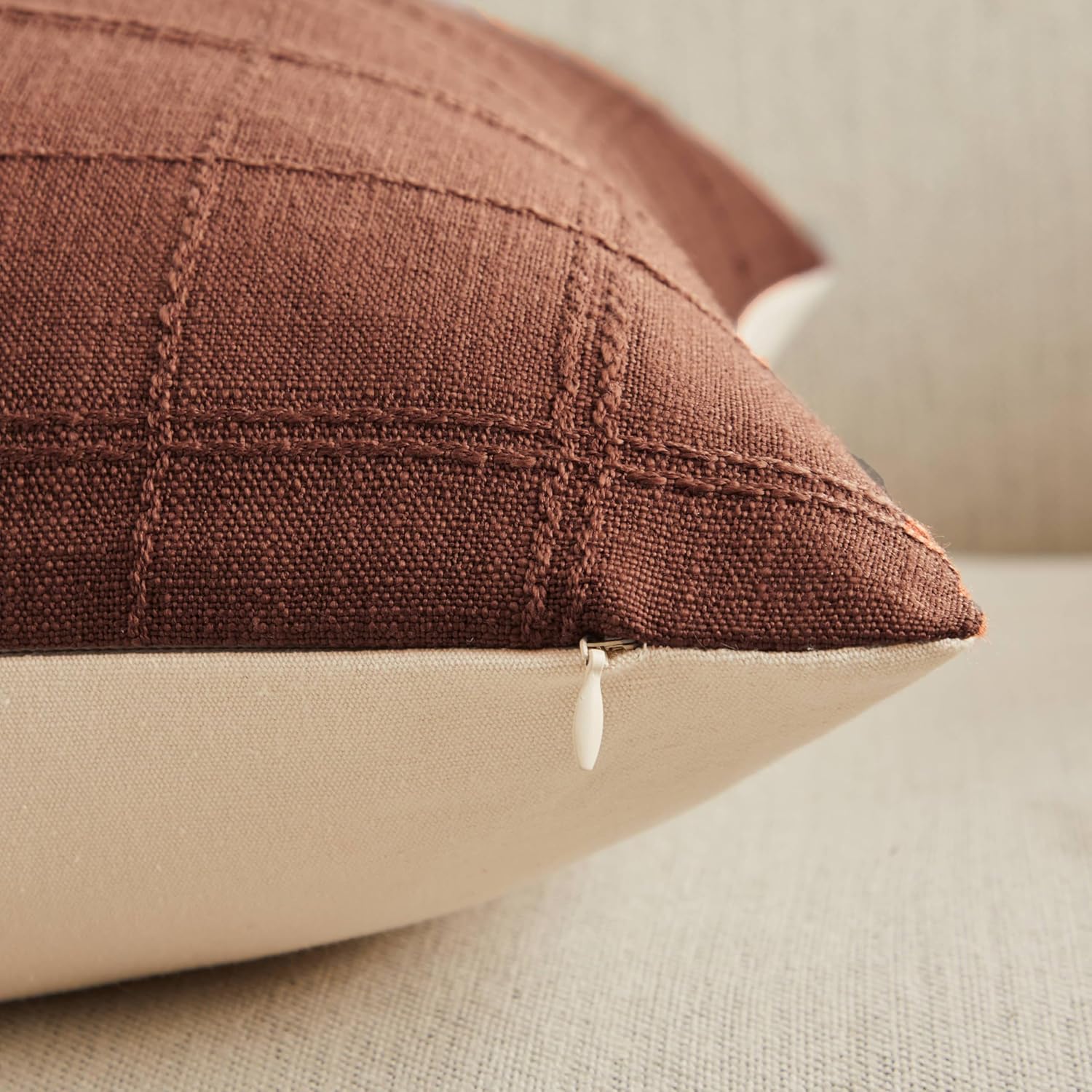ZeeMart Linen Checked Throw Pillow Covers Set of 2, 24x24 Inch Terracota/Cream, Farmhouse Decorative Single Sided Grid Embroidered Couch Pillow Cases Rust Cotton Linen Cushion Covers