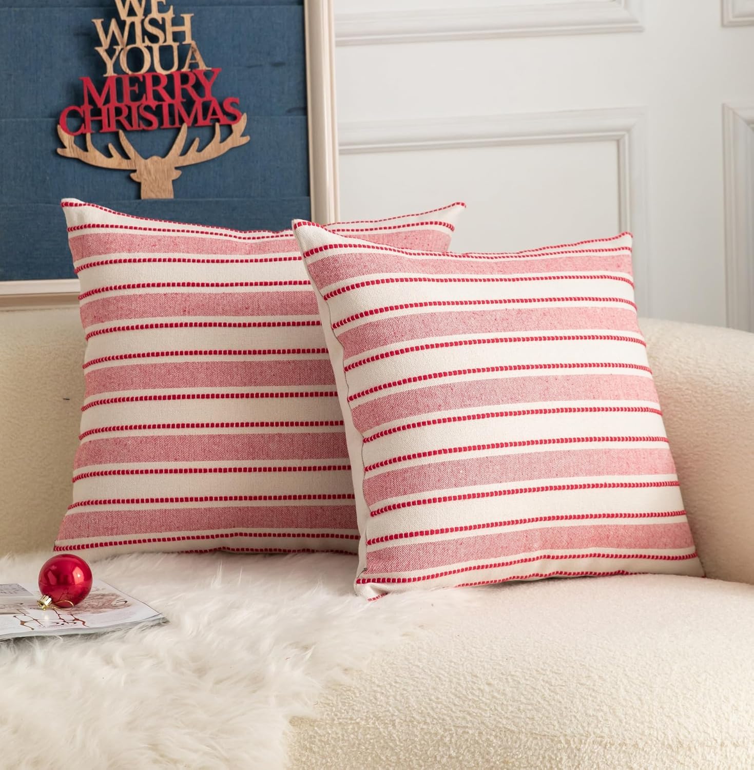 Christmas Pillow Covers, Boho Textured Red Pillow Case, Pillow Covers 18 x 18 Inch Set of 2 Christmas Decorative, Chair Sofa Bedroom Living Room Home Holiday Decor Cushion Case