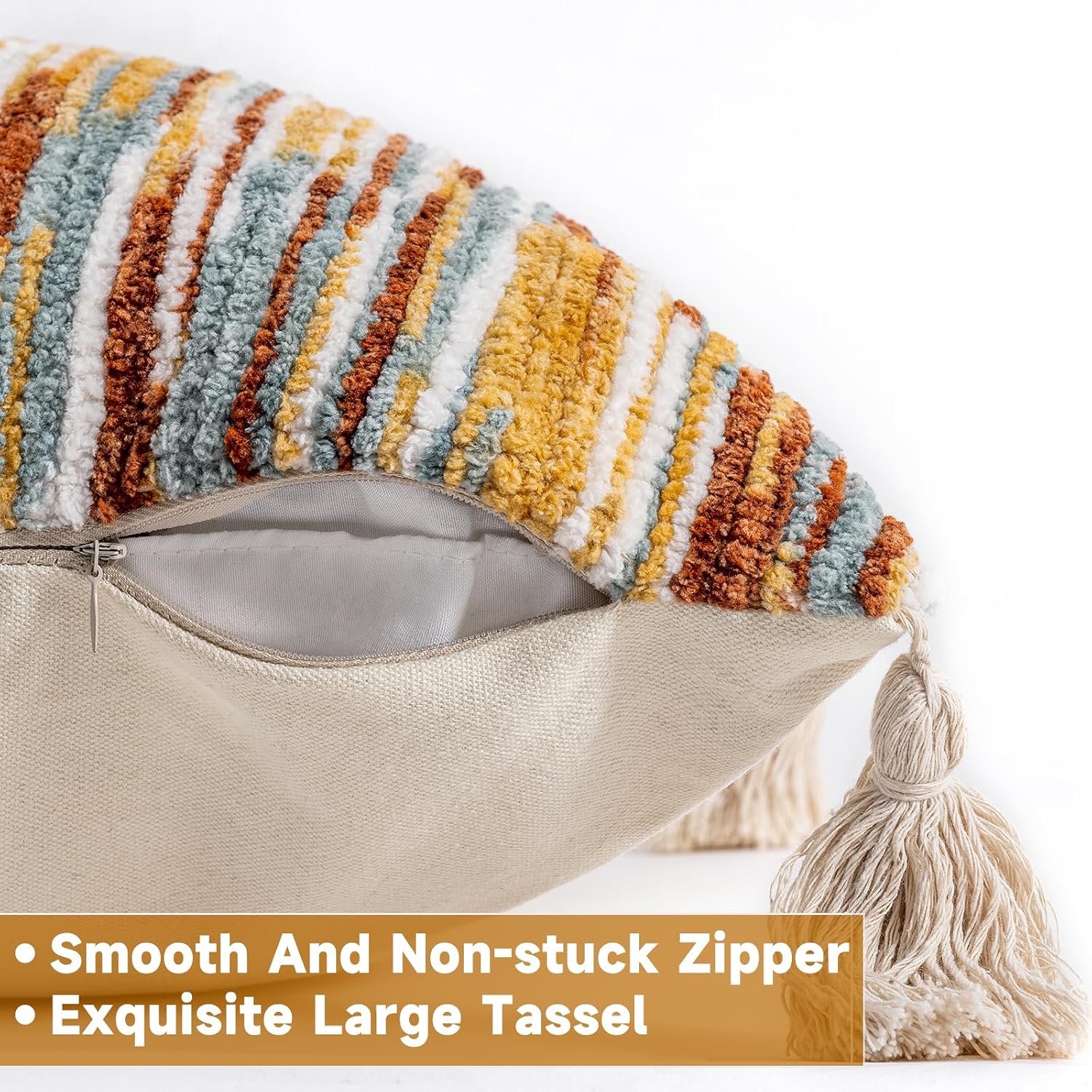 AmHoo Boho Throw Pillow Cover Decorative Bohemian Woven Tufted Striped Farmhouse with Tassels Textured Cushion Case Pillowcase Neutral for Sofa Couch Bed 18 x 18-Inch Brown