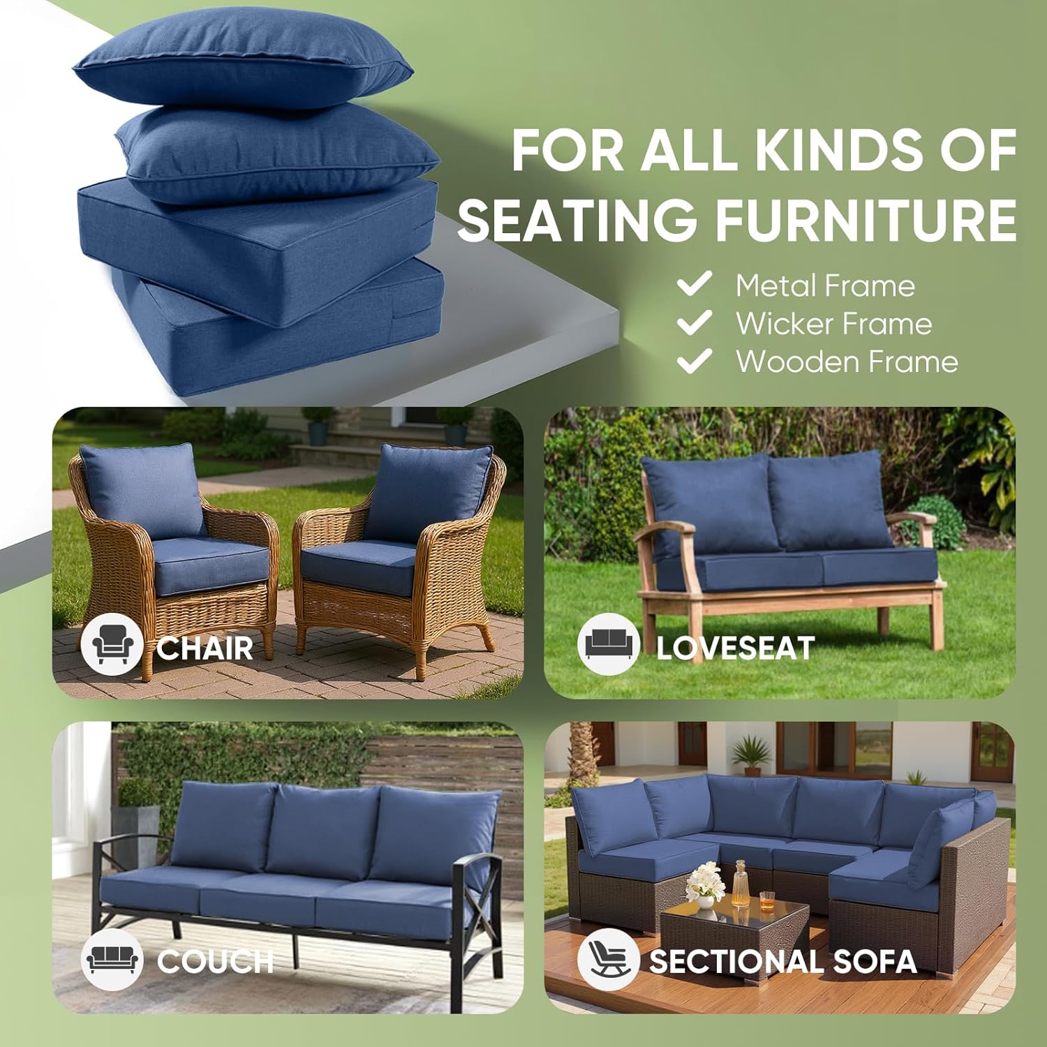 Outdoor Chair Cushion Set, 24x24 Waterproof Patio Chair Cushion, 6" Thickened Seat Cushion for Outdoor Chair and Couch, Include 1 Seat Cushion and 1 Back Pillow, Thick/Blue