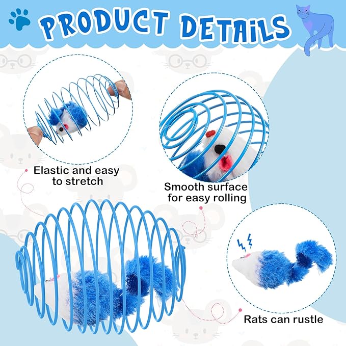 Jecery 5 Pcs Cat Spring Balls Stretchable Springs Toys Rolling Balls Colorful Playful Coils Interactive Spring Action Toy Caged Rats for Kitten Cat Pet Supplies Indoor (Mouse,Blue White)