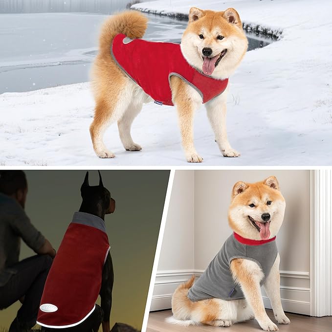 cyeollo 2 Pack Dog Fleece Sweater Stretchy Sweatshirt Vest with Reflective Stripe Pullover Jacket Lightweight Pet Dog Clothes for Small Dogs Grey & Red