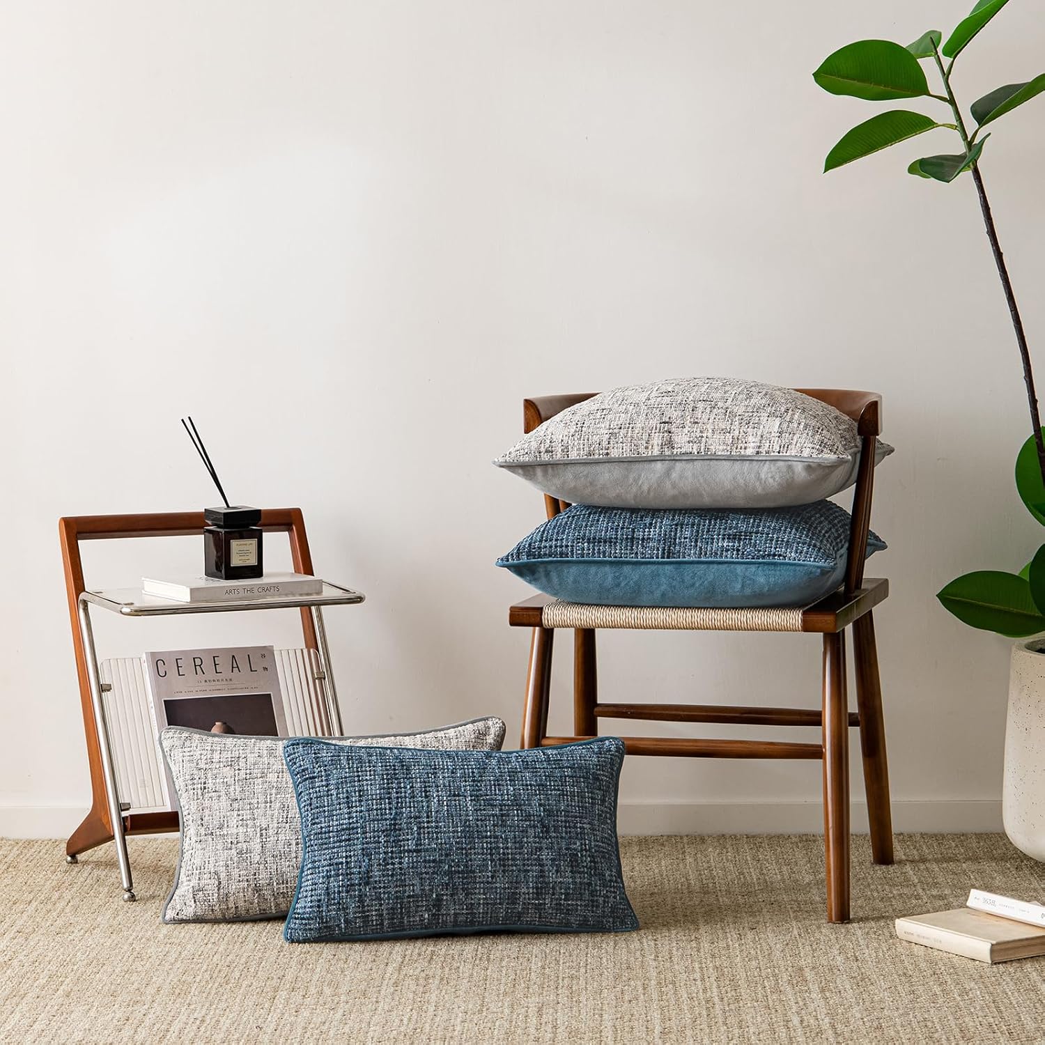 a moment Blue Reversible Pillow Covers 2 Pack - Farmhouse Chenille Throw Pillows, Neutral Textured Decorative Throw Pillow Covers with Border for Couch Sofa Bed (12x20 Inch, No Insert)