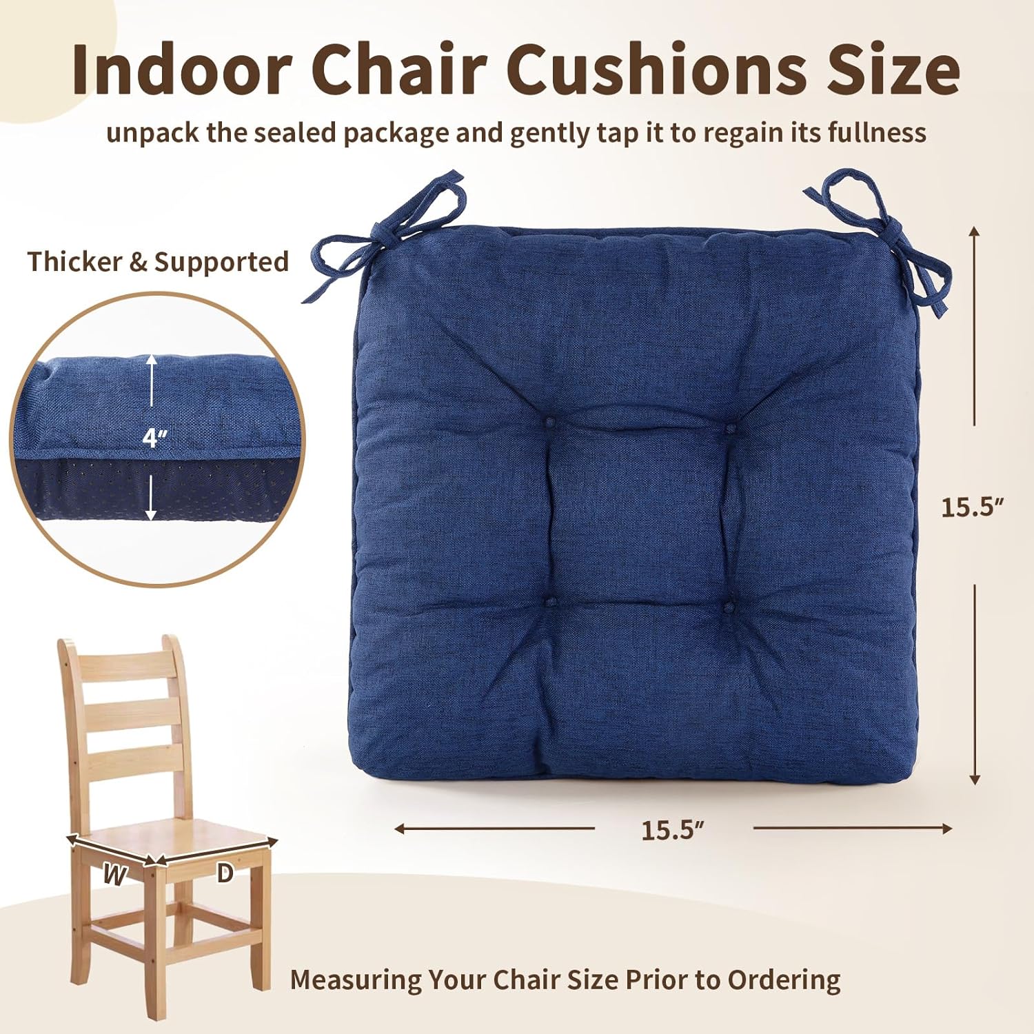 Chair Cushions for Dining Chairs, Tufted Foam Kitchen Chair, Non-Slip Seat Cushions with Ties Set of 4, 15.5" x 15.5" x 4", Dark Blue