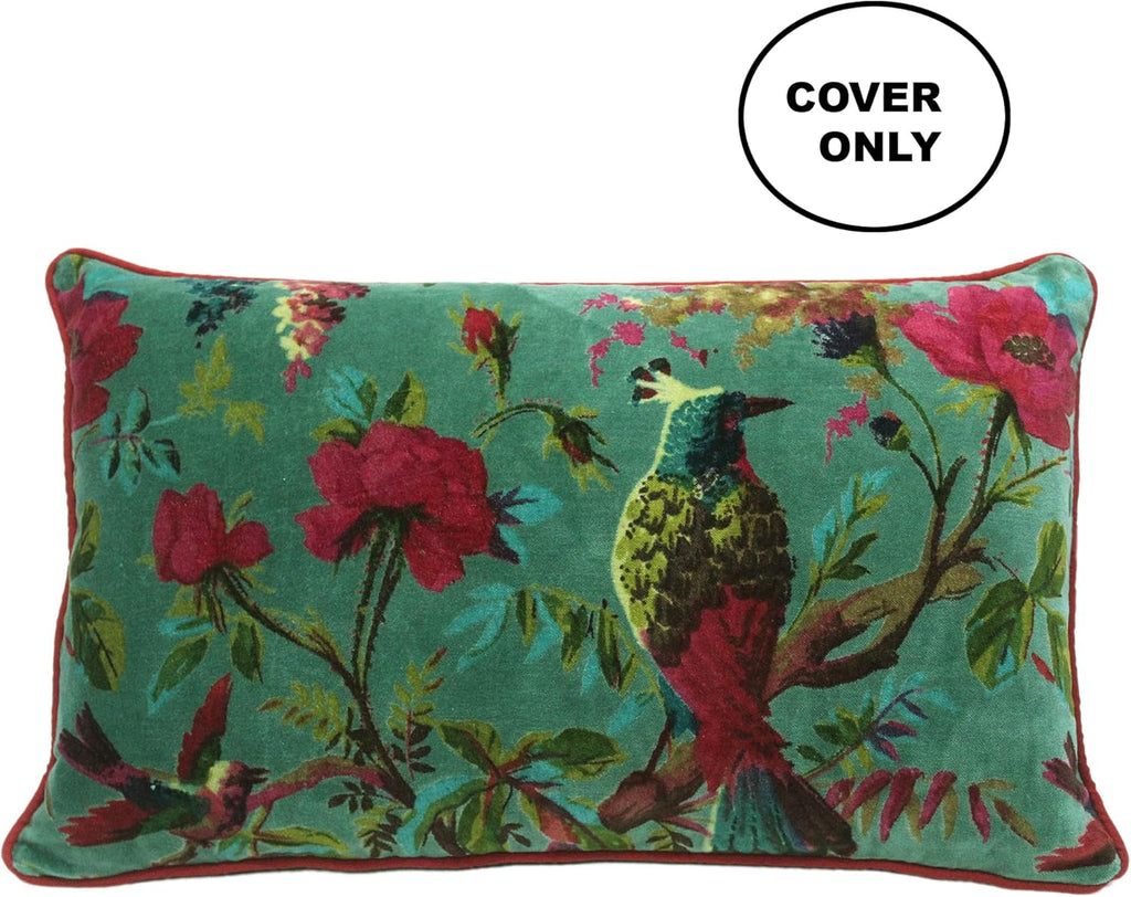 Eyes of India Velvet Floral Flower Bird Throw Pillow Sofa Cushion Cover Case Couch Colorful Boho Chic Bohemian Accent Indian Handmade (Green, 20" x 12")
