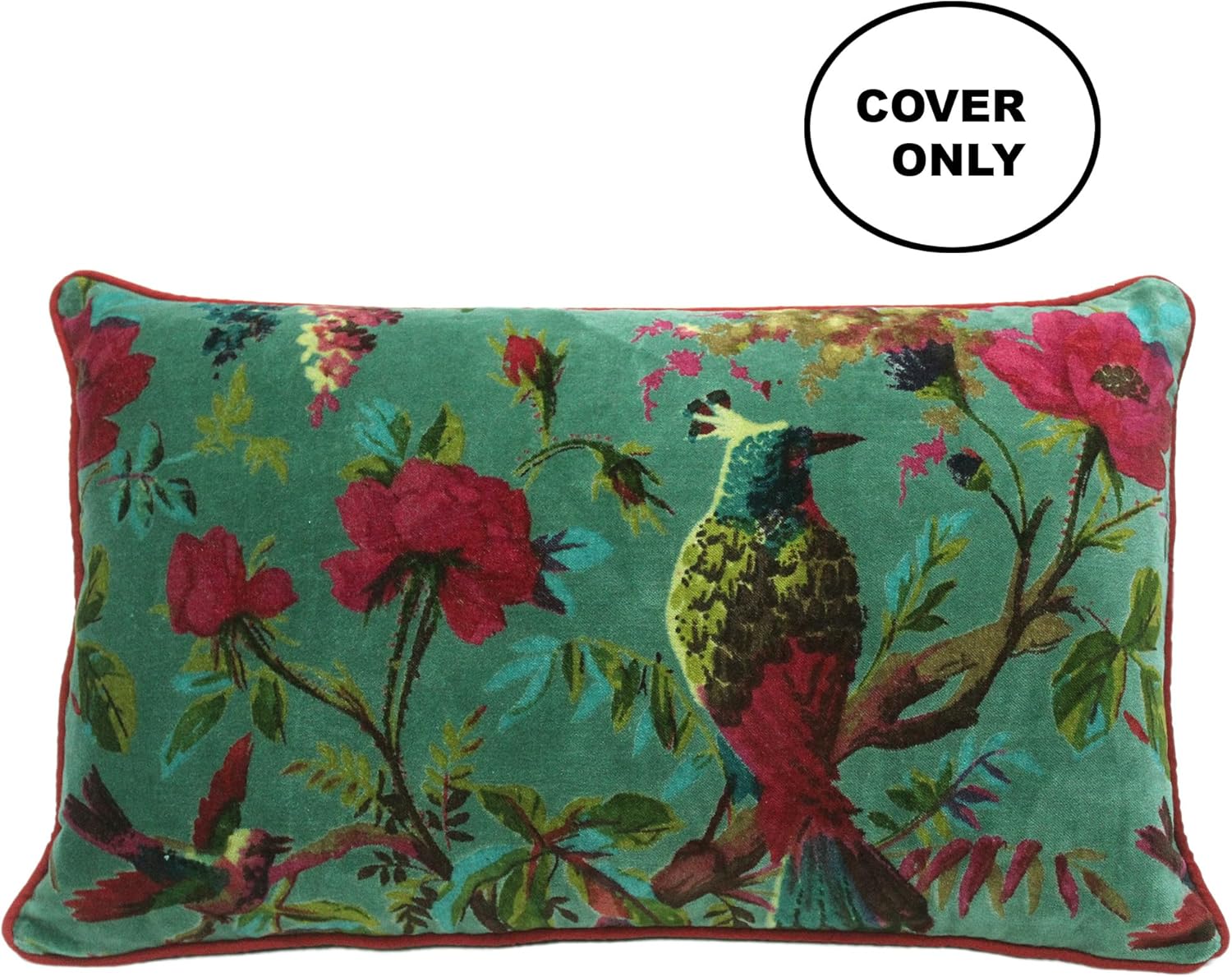 Eyes of India Velvet Floral Flower Bird Throw Pillow Sofa Cushion Cover Case Couch Colorful Boho Chic Bohemian Accent Indian Handmade (Green, 20" x 12")