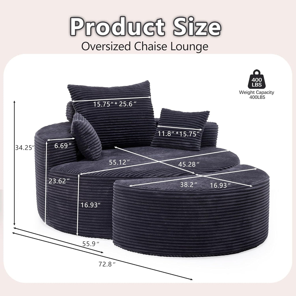 55.11" W Oversized Round Chaise Lounge Chair, Deep Seat Corduroy Cloud with Pillows, Moveable Ottoman and Blanket– Comfy Circle Loveseat Sofa Chair for Living Room or Bedroom (Grey)