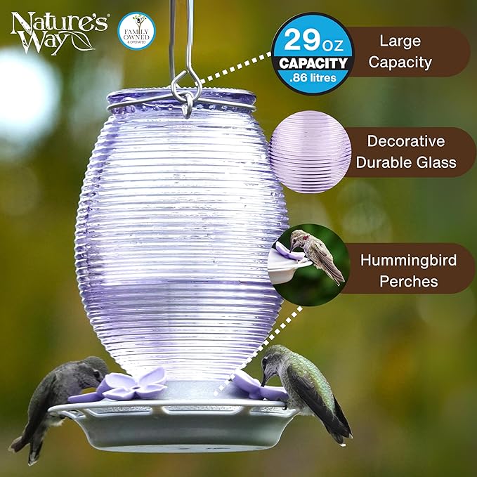 Nature's Way Hanging Glass Hummingbird Feeder for Outdoor Decor, 29 Ounce Capacity Nectar Feeder, 4 Easy to Clean Flexible Ports, Purple Lilac