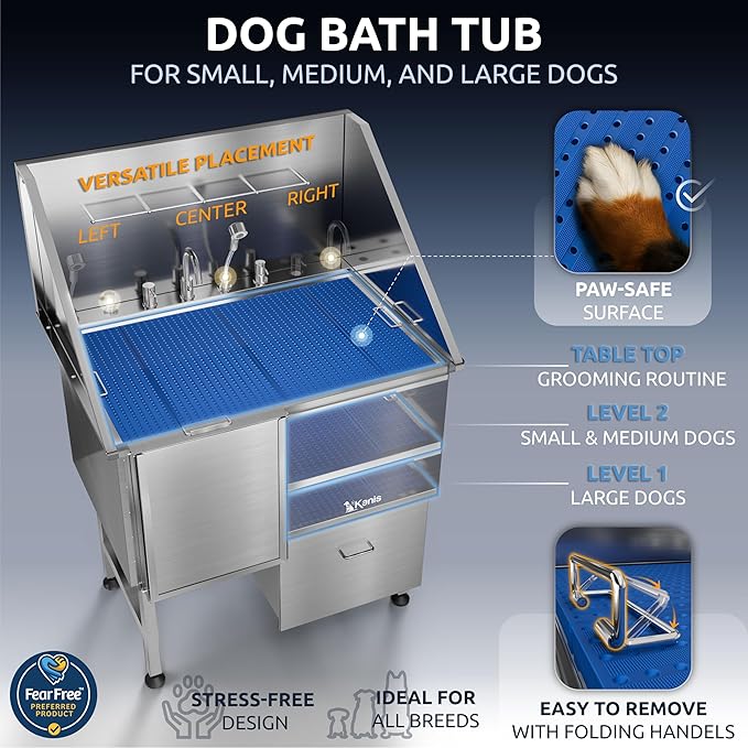 KANIS Professional Stainless Steel Dog Bathing Station - Grooming Tub w/Ramp, Storage Drawer, Floor Grate & Faucet/Dog Bathtub for Large, Medium & Small Pets (40", 1 Drawer - Left RAMP)