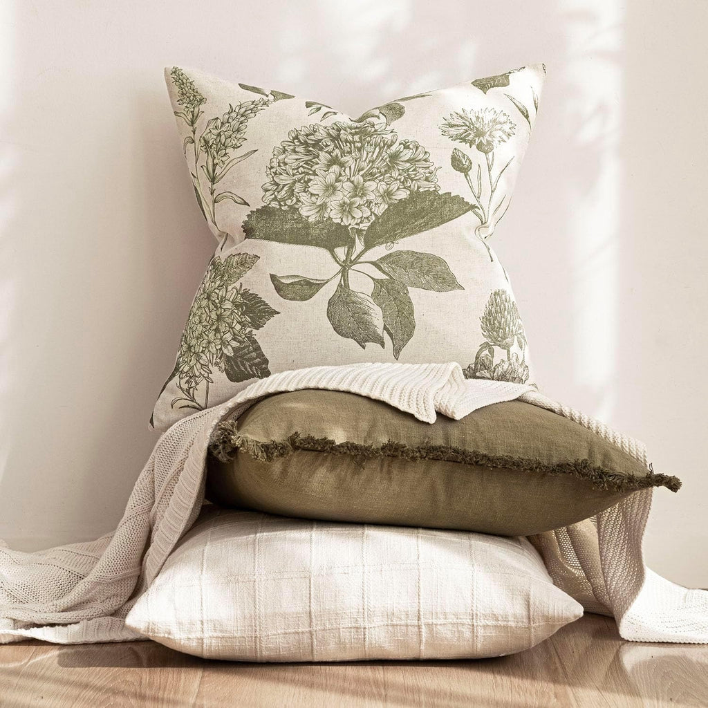 Foindtower Set of 2 Linen Floral Throw Pillow Covers Vintage Accent Print Decorative Cushion Covers Farmhouse Boho Home Decor for Sofa Chair Couch Bedroom Living Room,20×20 Inch,Sage Green