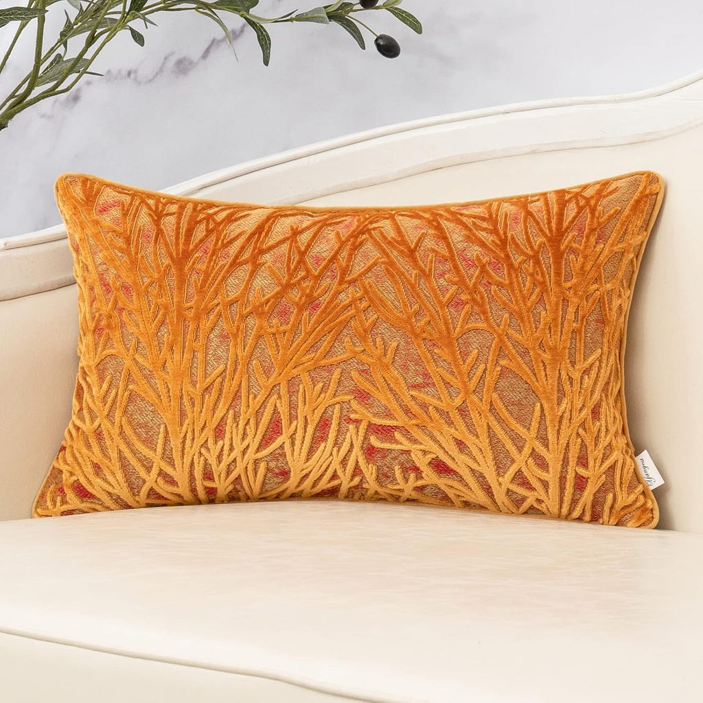Yangest Orange Yellow Throw Pillow Cover Velvet Cushion Cover Branches Rectangular Pillowcase for Sofa Couch Bedroom Living Room, 12x20 Inch