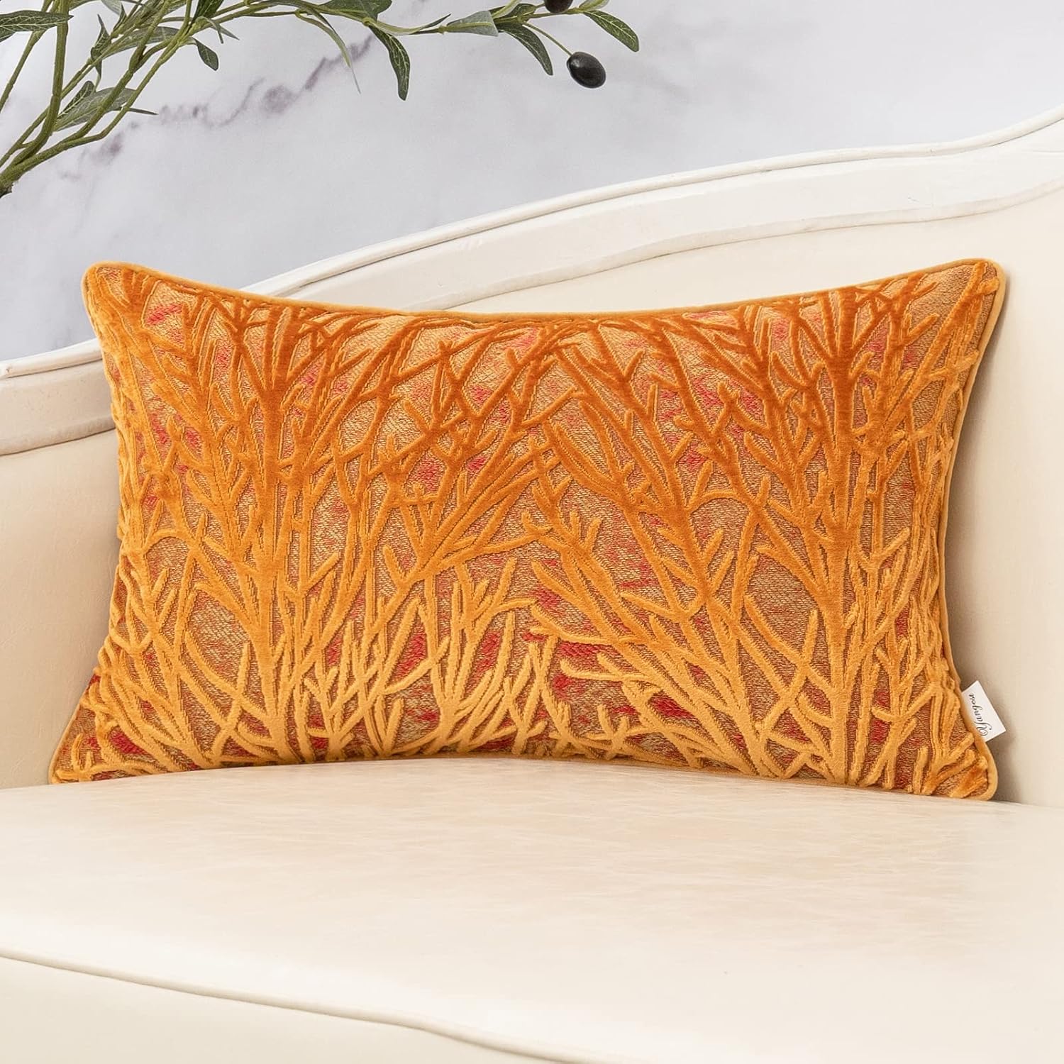 Yangest Orange Yellow Throw Pillow Cover Velvet Cushion Cover Branches Rectangular Pillowcase for Sofa Couch Bedroom Living Room, 12x20 Inch