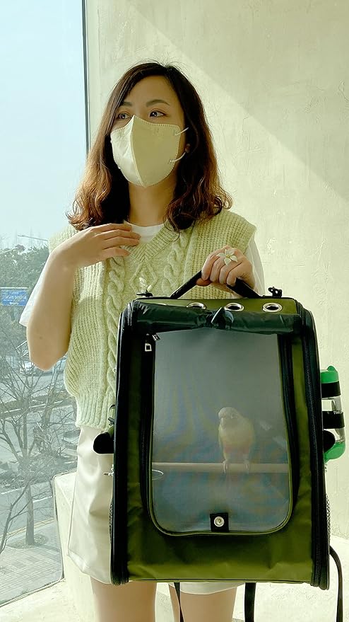 Birds Day Bird Carrier Backpack-Parrot Travel Cage with 2PCS Perch and Food Bowl, Stainless Steel Tray (Dark Olive Green)