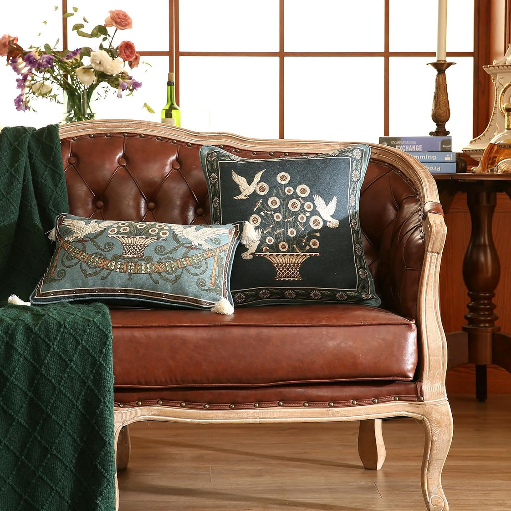 Green Throw Pillow Covers,French Farmhouse with White Birds and Flowers Pattern Linen Pillowcases,Decorative Square Pillows Cushion Covers for Couch Sofa Bed Chair,18x18 Inches