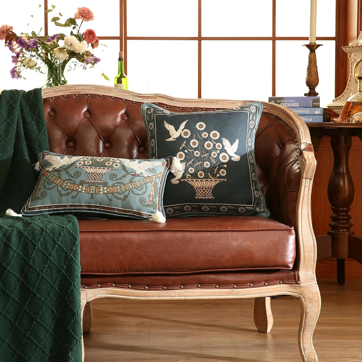 Green Throw Pillow Covers,French Farmhouse with White Birds and Flowers Pattern Linen Pillowcases,Decorative Square Pillows Cushion Covers for Couch Sofa Bed Chair,18x18 Inches