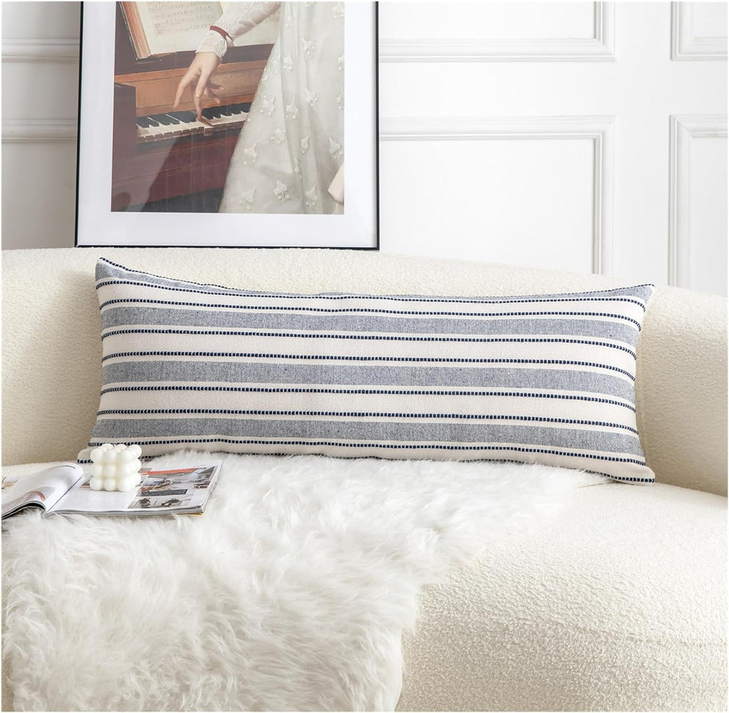 Decorative Boho Lumbar Pillow Covers, Modern Farmhouse Couch Pillowcase, 14 x 36 Long Accent Body Throw Pillow Covers, Sofa Bed Living Room Decor Cushion Case, Navy Blue and Beige, Pack of 1