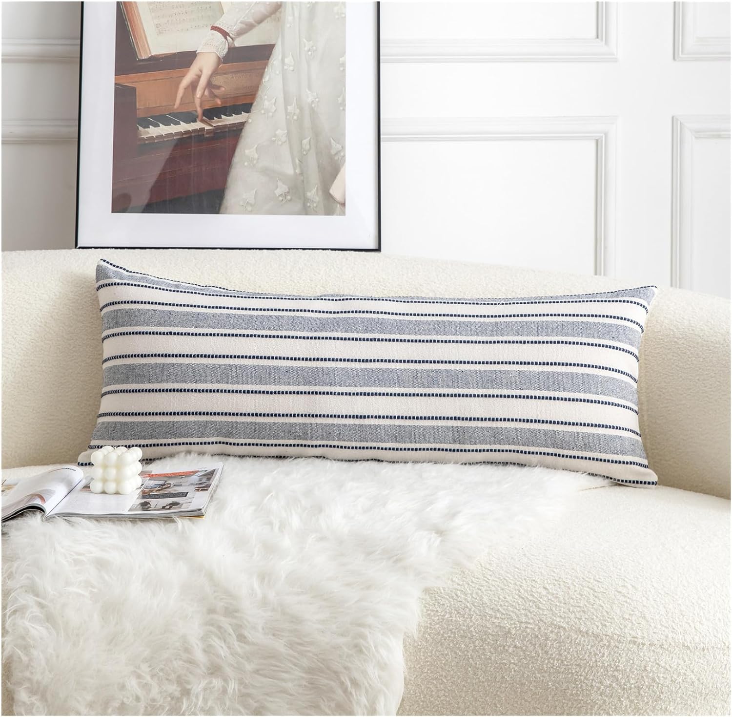 Decorative Boho Lumbar Pillow Covers, Modern Farmhouse Couch Pillowcase, 14 x 36 Long Accent Body Throw Pillow Covers, Sofa Bed Living Room Decor Cushion Case, Navy Blue and Beige, Pack of 1