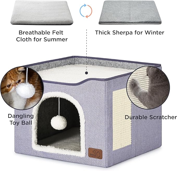 Bedsure Cat Beds for Indoor Cats - Large Cat Cave for Pet Cat House with Fluffy Ball Hanging and Scratch Pad, Foldable Cat Hideaway, 16.5x16.5x13 inches, Cloud Purple