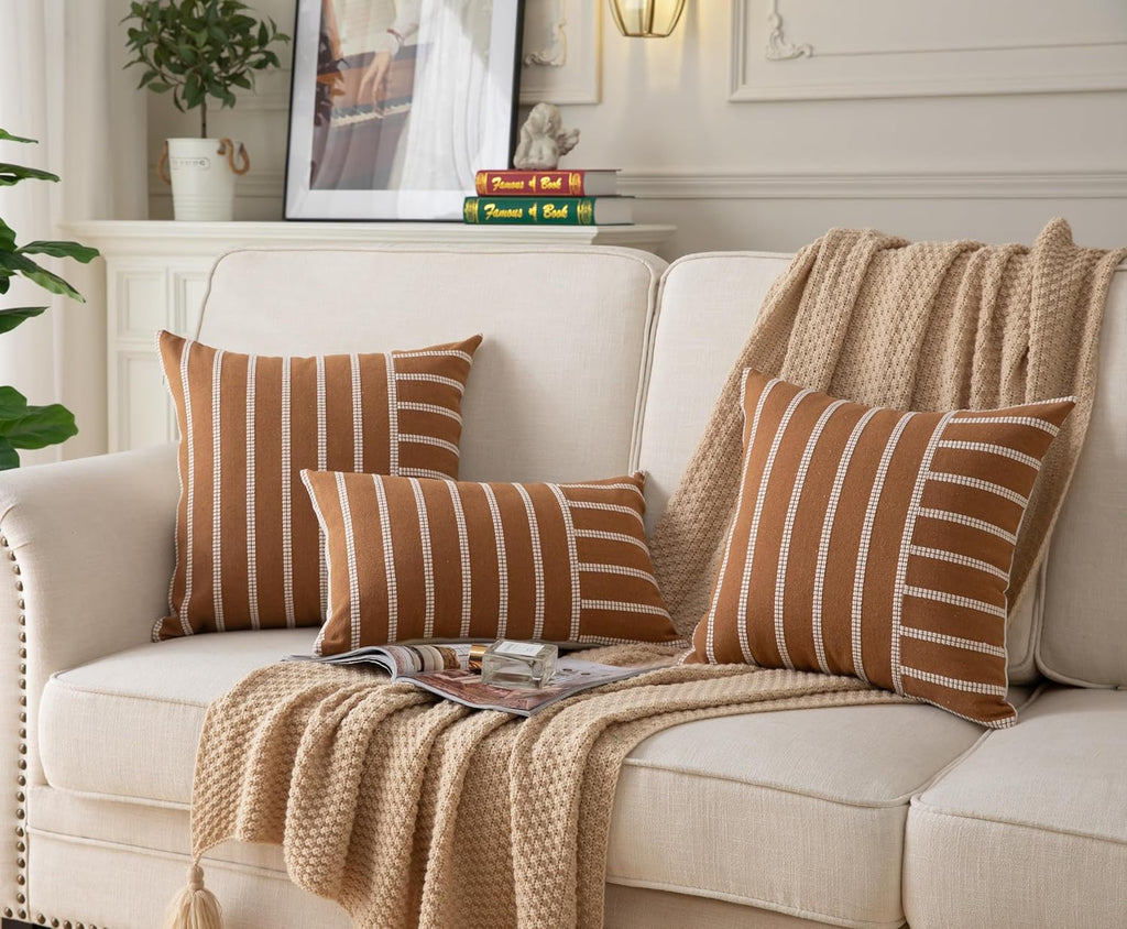 Caflife Boho Throw Pillow Covers 18x18 Set of 2 Soft Farmhouse Decorative Couch Pillow Cases Brown Striped Pillow Covers Neutral Cushion Covers for Sofa Bed Living Room Home Decor