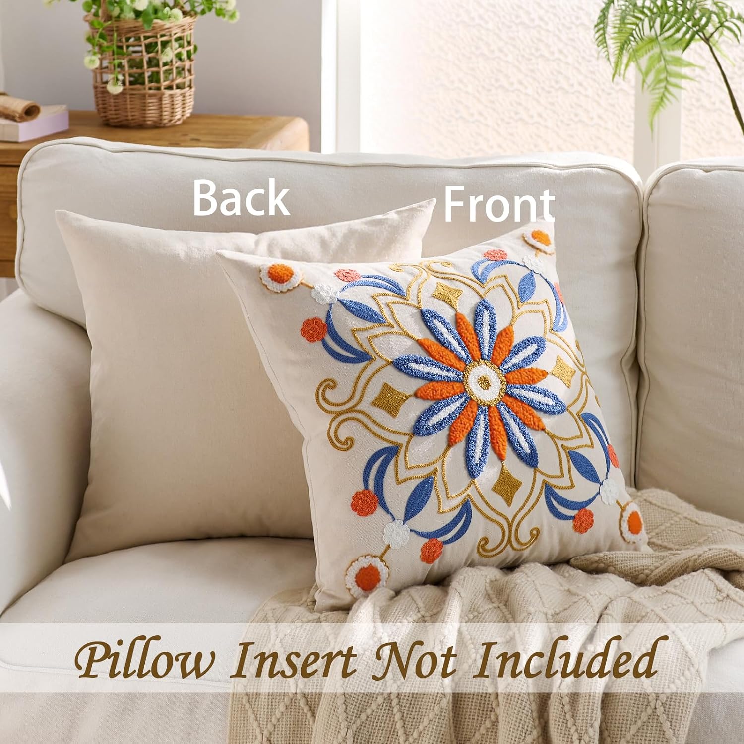 Embroidered Throw Pillow Cover 22x22 Classic Boho Floral Pattern Pillows Cover Outdoor Decorative Pillowcase,Durable Cozy Textured Cushion Case for Sofa Couch Bed Living Room,Orange Blue