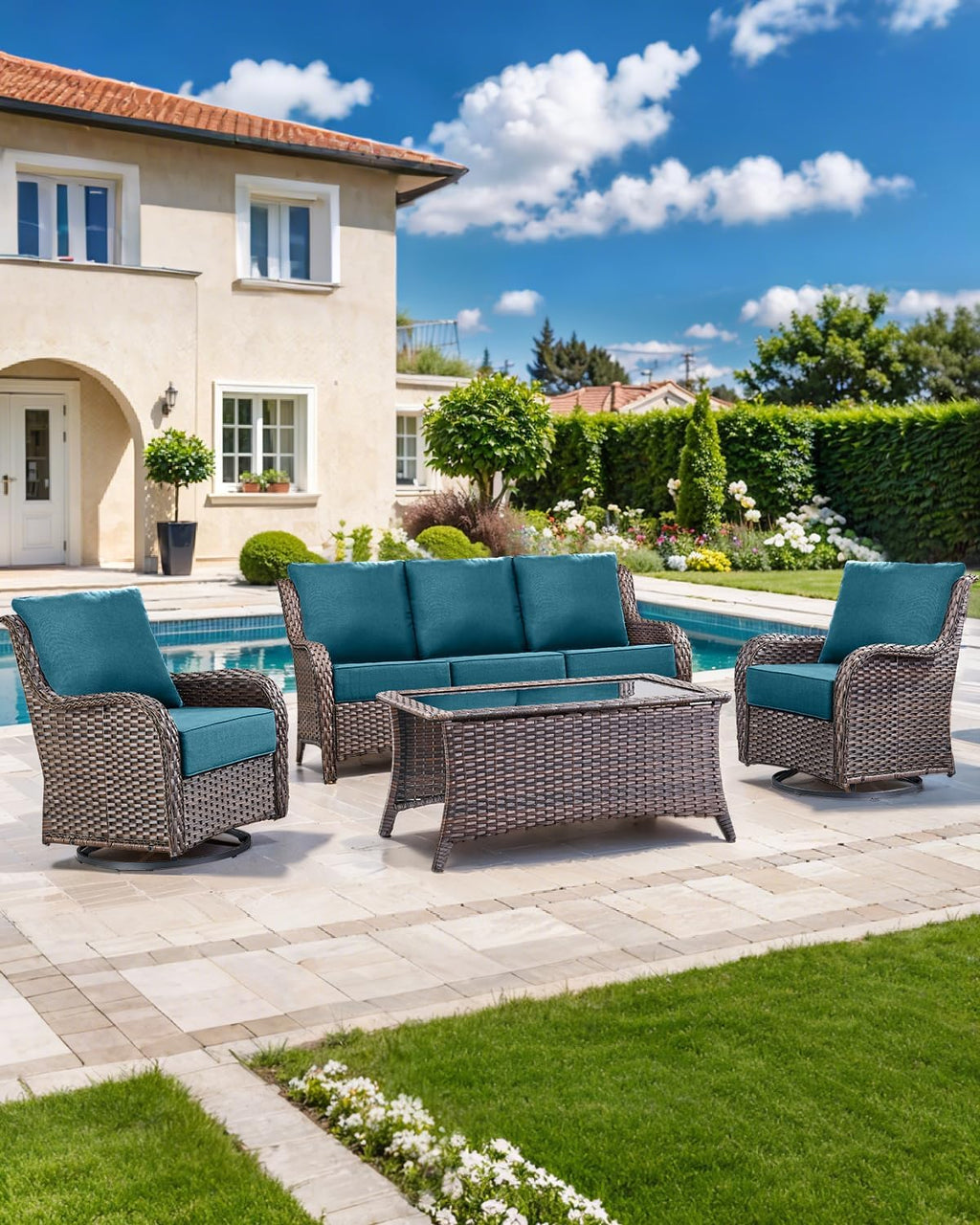 Luxury 22x24/22x25 6-Inch Outdoor Deep Seat Cushions Set of 6 - Comfortable Patio Zipper Chair Cushion for Wicker Dining Rocking Swivel Chairs Loveseat Couch Sectional Sofa - Peacock Blue