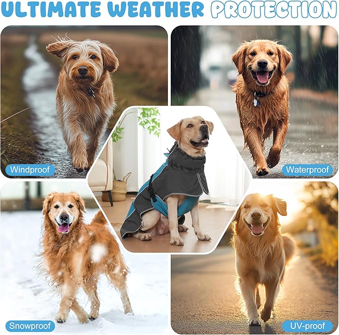 Dog Raincoat, Waterproof Dog Coat with Reflective Straps, Leash Hole & Polar Fleece Lining, Winter Snow Rain Coat for Small, Medium & Large Dogs, Warm, Windproof Vest Jackets
