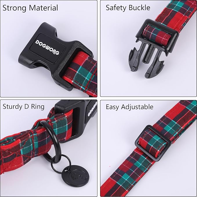 DOGWONG Christmas Cotton Dog Collar, Red Green Tartan Christmas Dog Collar Durable Soft Fabric Pet Dog Collars Cute Red Green Plaid Necklace for Large Dogs,XL