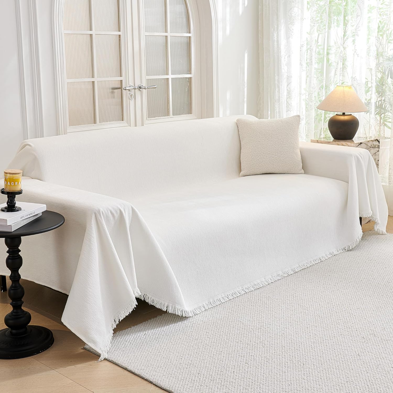 MYSKY HOME Couch Cover for Dogs Washable Couch Covers for 3 Cushion Couch Sofa Super Soft Sofa Slipcover Non Slip Sofa Cover, Chenille Sofa Covers for Dogs, Furniture Protector, 71"x150", White