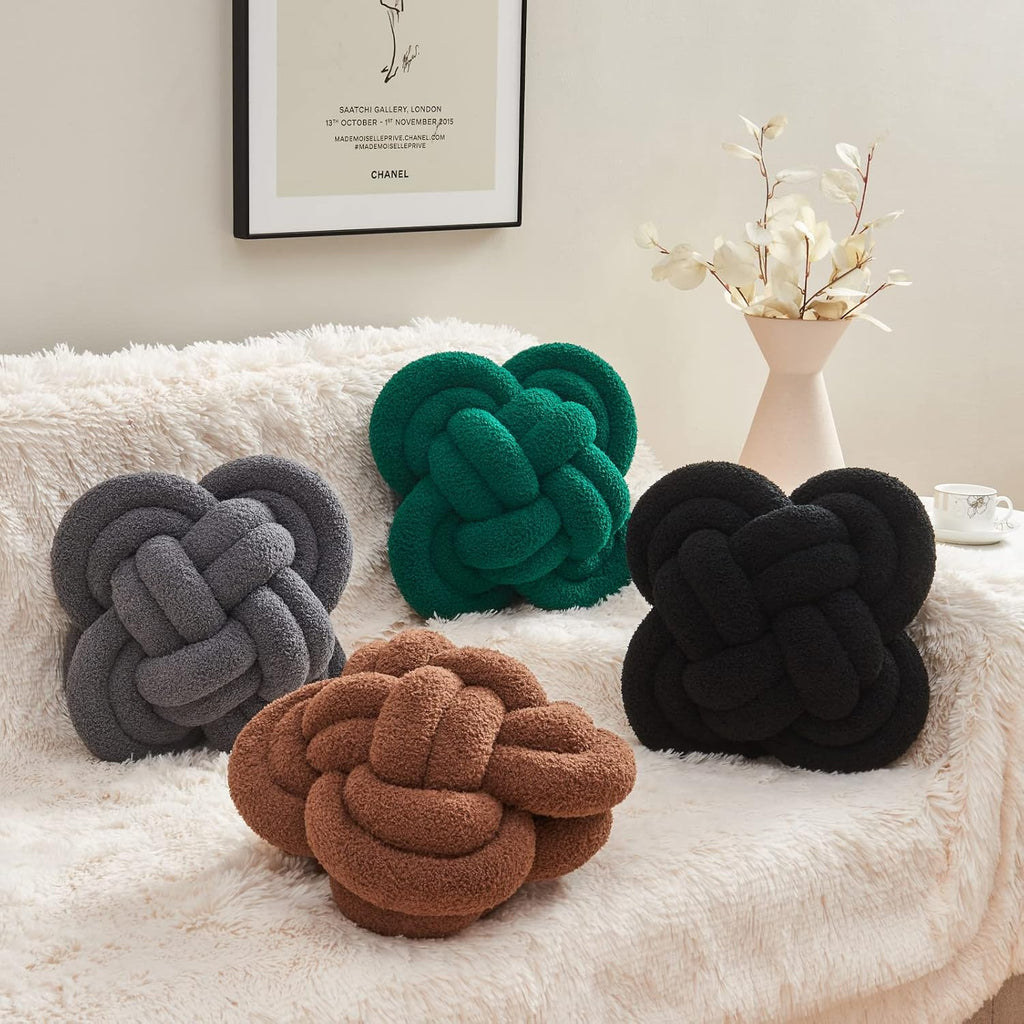 Xiashrk Knot Pillow Ball, 12" Soft Decorative Throw Pillows for Couch Bed, Dark Green Knotted Plush Throw Pillow Handmade Square Cushion Home Couch Decor Pillows for Living Room