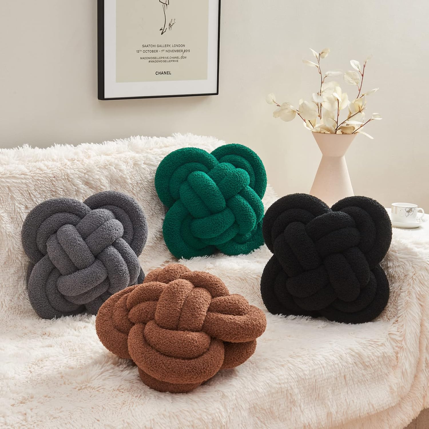 Xiashrk Knot Pillow Ball, 12" Soft Decorative Throw Pillows for Couch Bed, Dark Green Knotted Plush Throw Pillow Handmade Square Cushion Home Couch Decor Pillows for Living Room