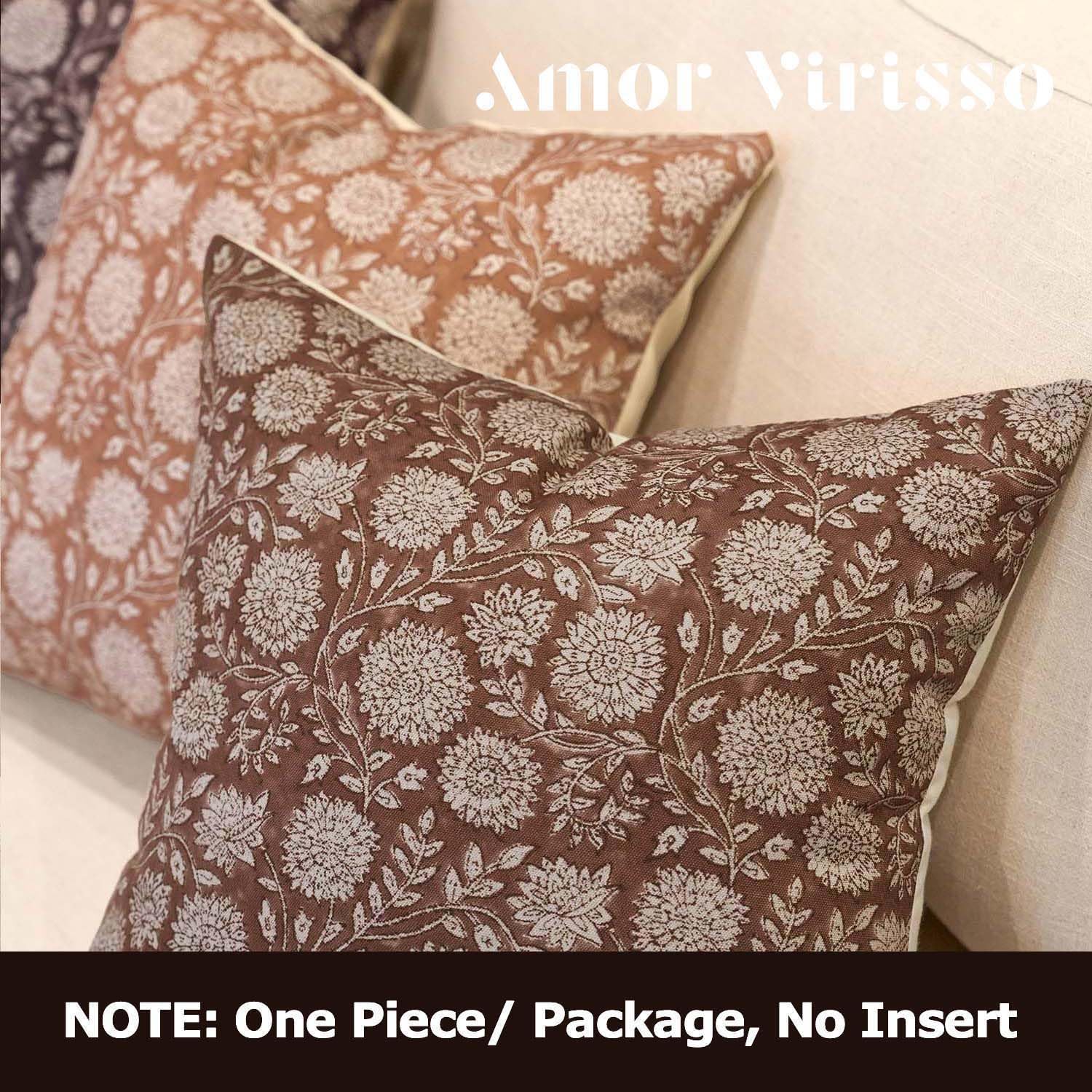 Amor Virisso Floral Pillow Covers 24x24 Throw Pillow Covers Vintage Block Print Pillow Cover Neutral Couch Pillows for Living Room Farmhouse Decorative Accent Sofa Pillows, Brown